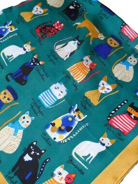 Cat print scarf NEW colorful with green background calico York ginger tabby cats